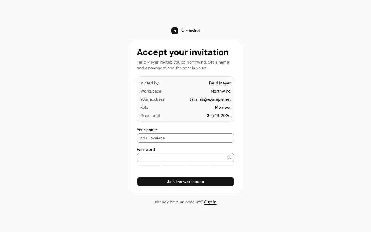 The Accept invitation page