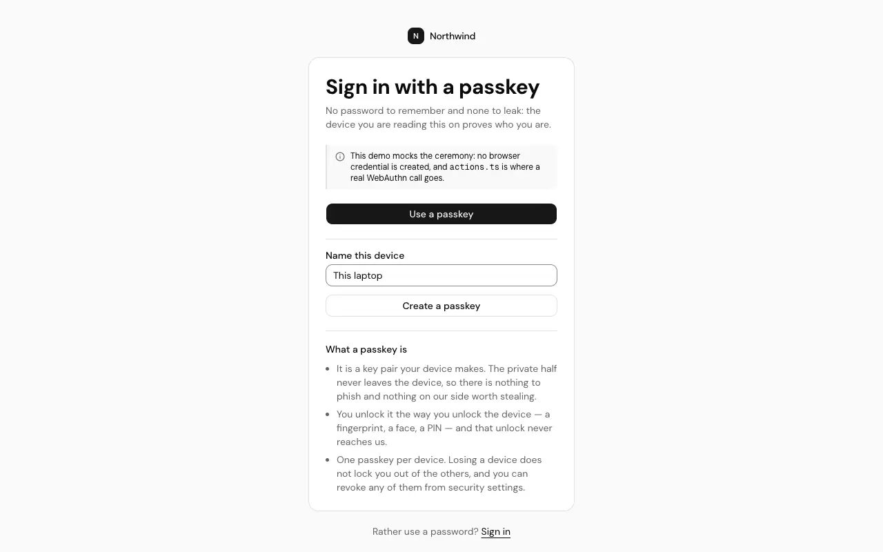 The Passkey sign-in page