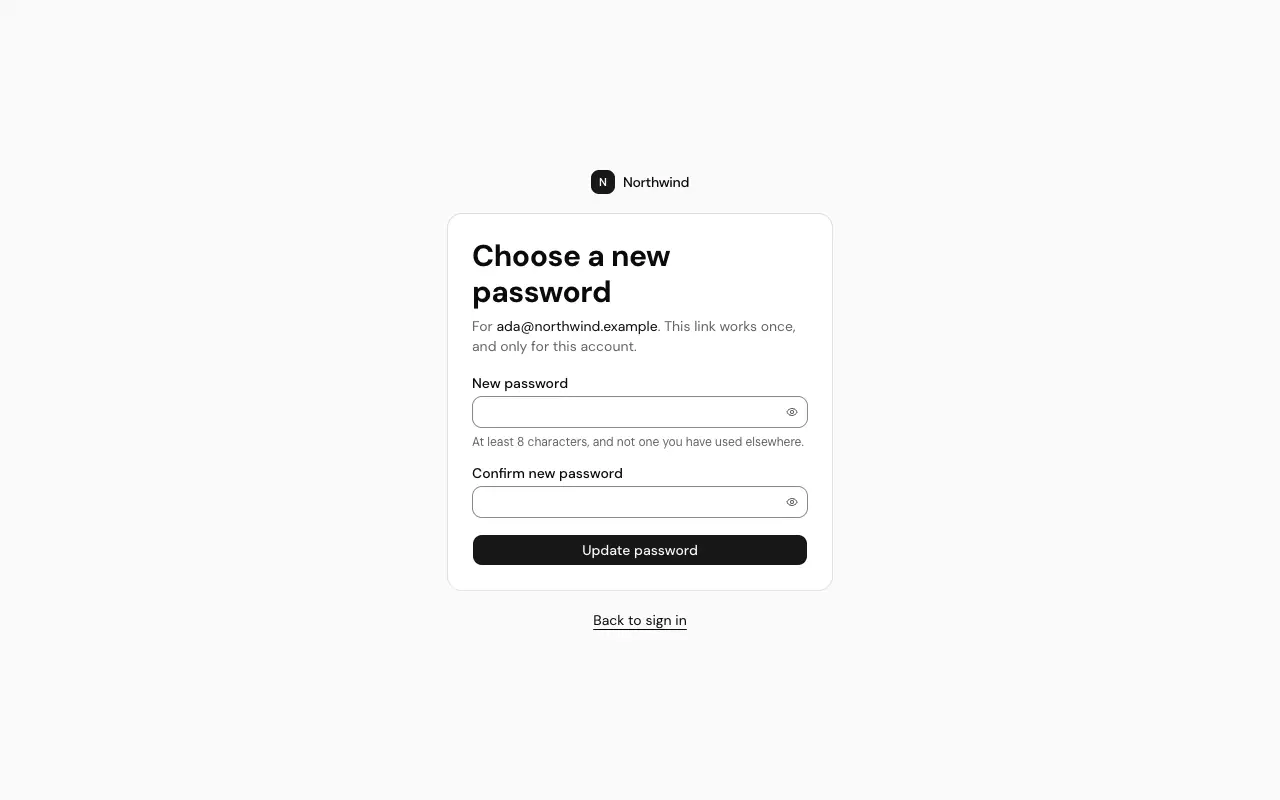 The Reset password page