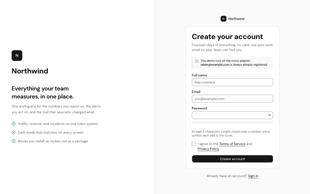 The Sign up page