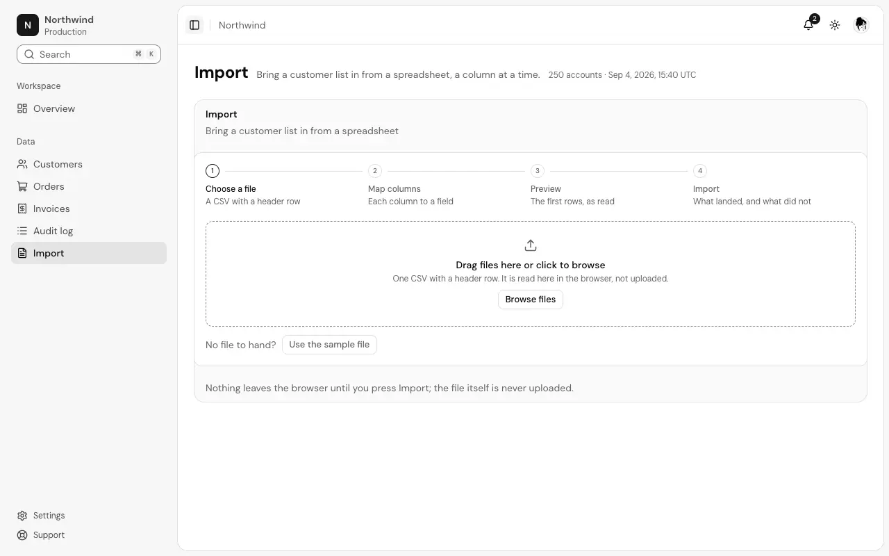 The CSV import page