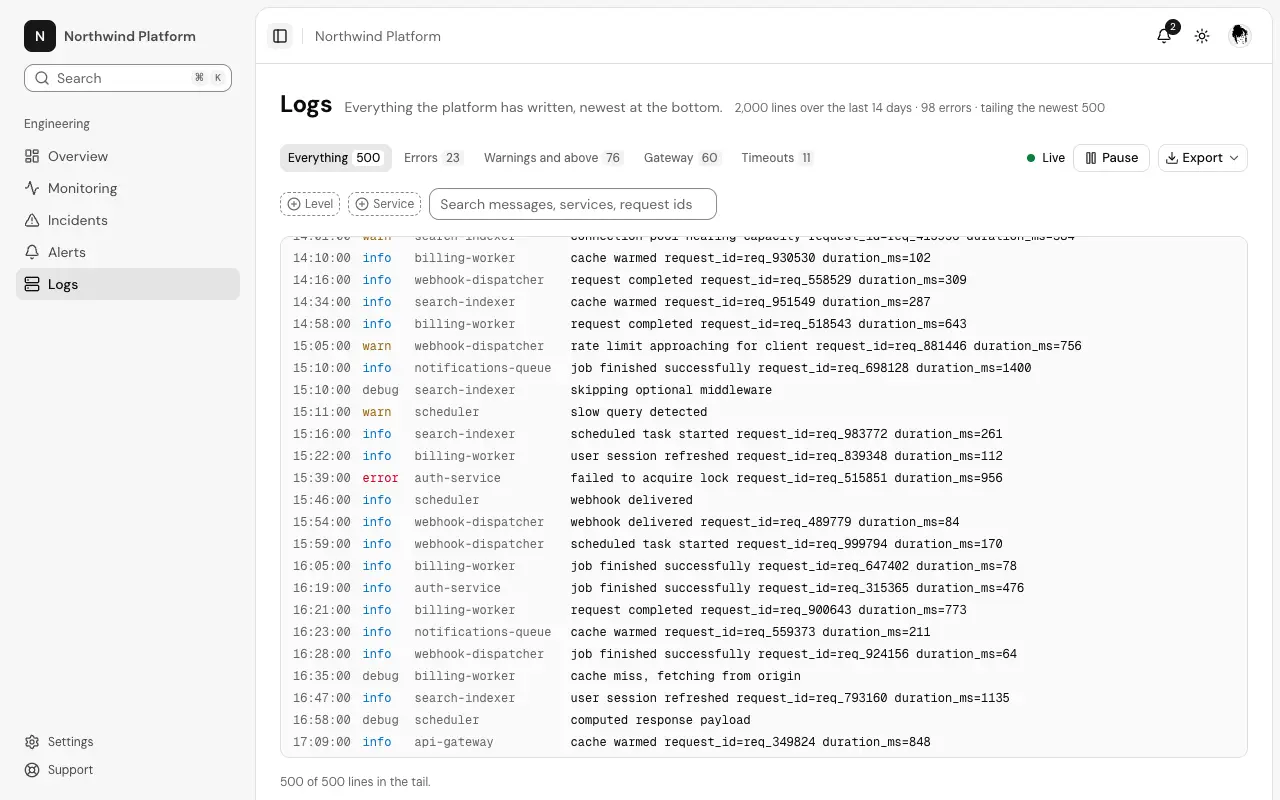 The Log console page