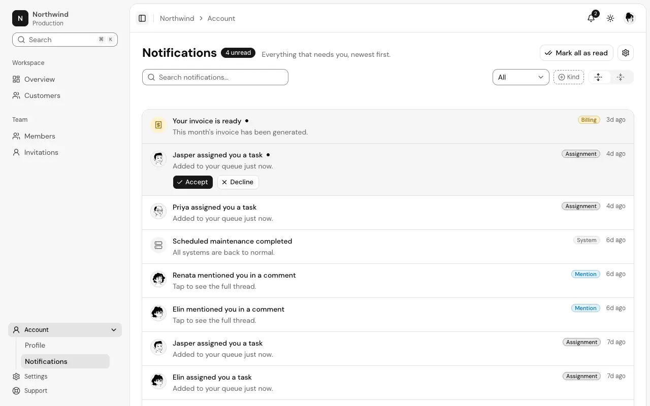 The Notification inbox page