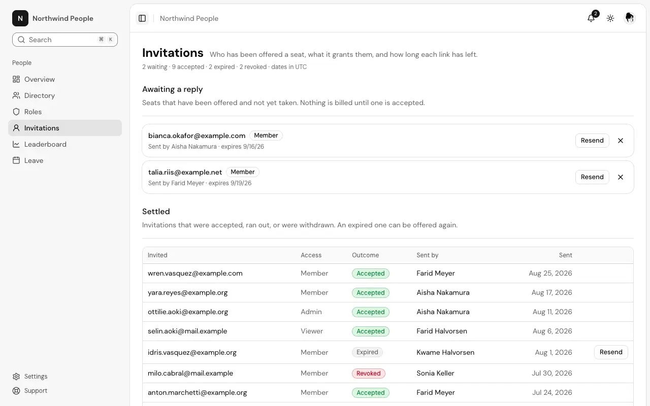 The Pending invitations page