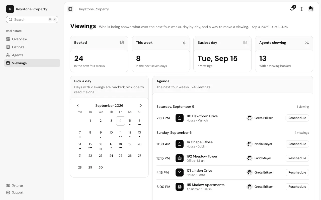 The Viewings agenda page