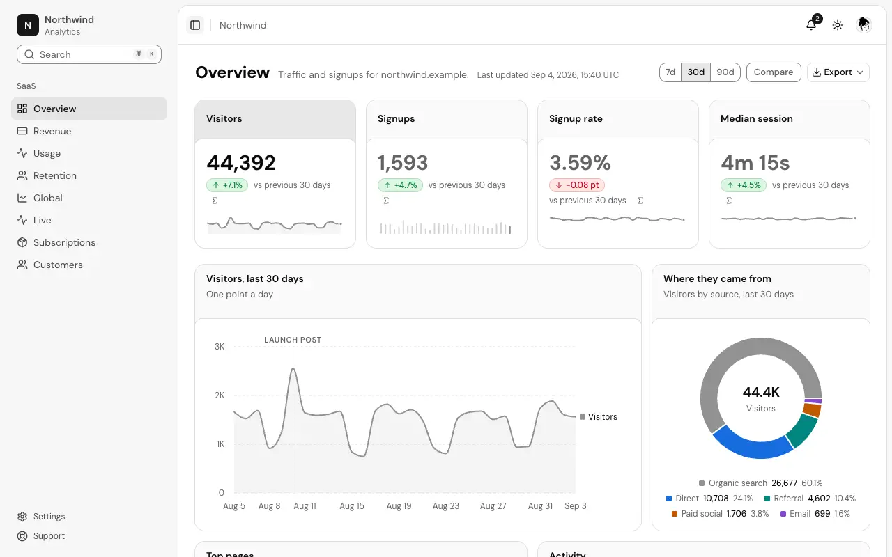 The Analytics overview page — a product analytics dashboard: sidebar shell, four headline metrics with sparklines, traffic over time, sources, top pages, team activity, and the newest signups.