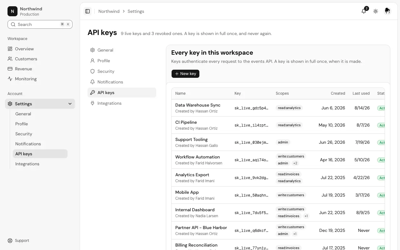 The API key settings page
