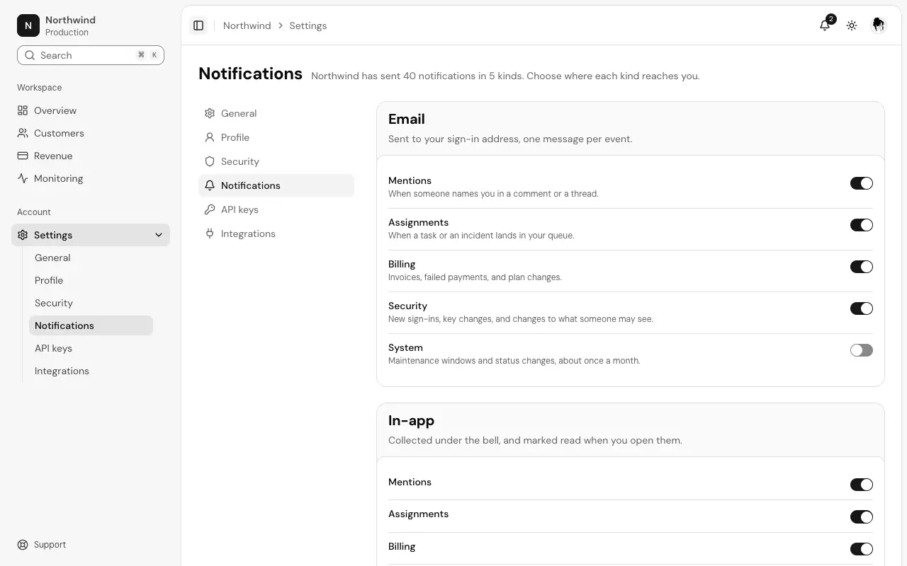 The Notification settings page