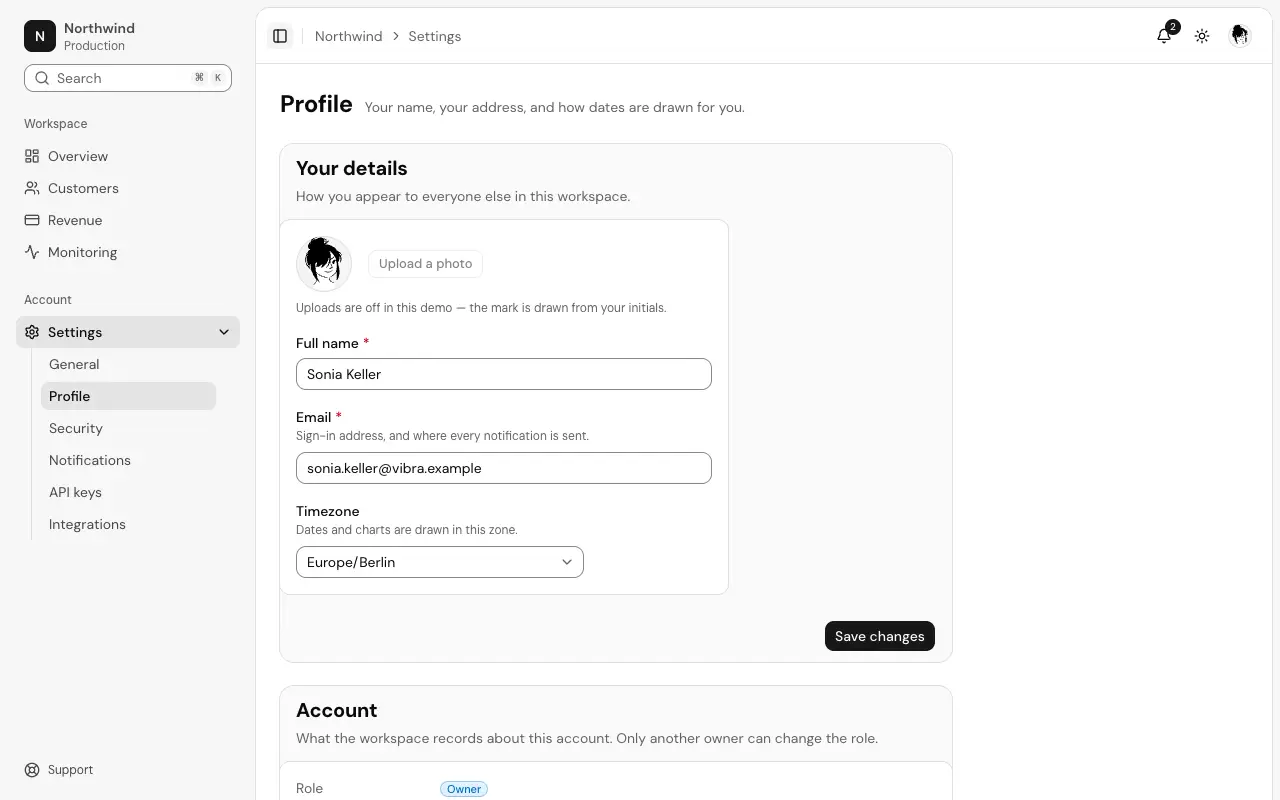 The Profile settings page