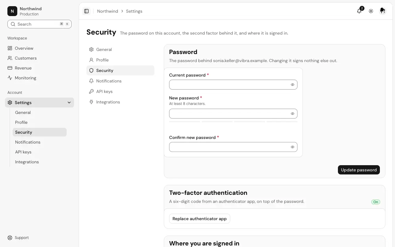 The Security settings page