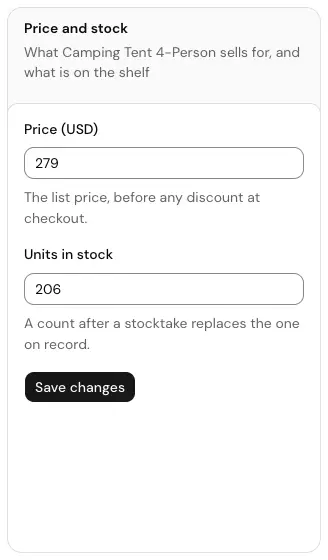 The Price and stock card